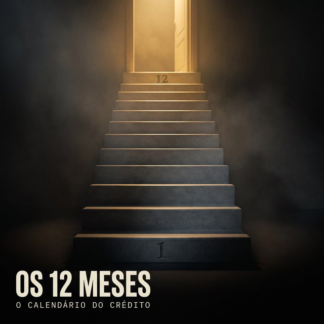Capa de Os 12 Meses: escada de doze degraus subindo para uma porta iluminada