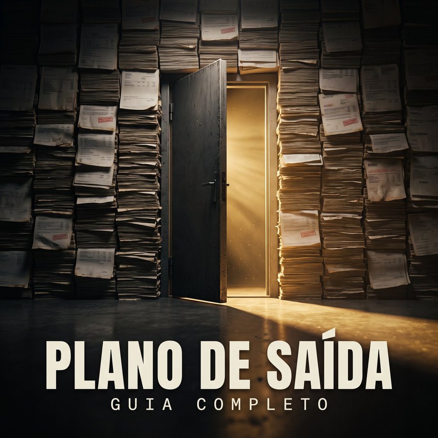 Capa do guia Plano de Saída: porta se abrindo num muro de contas vencidas